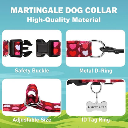 Pink Martingale Collar for Dogs with Buckle Adjustable Heart Valentines Dog Collars (Burgundy Love, Large)