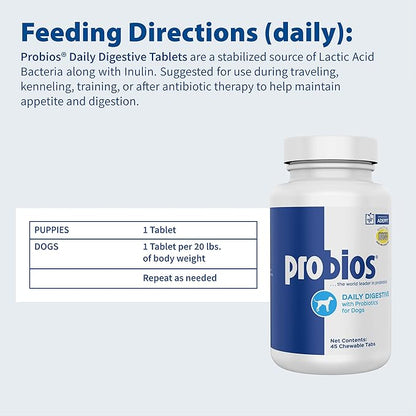 Probios Chewable Tablets for Dogs, Daily Probiotic Supplment for Gut Health, Digestion & Immune Support, 45 Count
