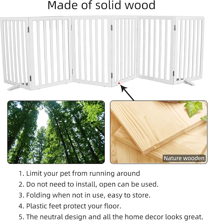 Dog Gate Indoor, Freestanding Dog Fence for The House, Doorways, Hallways,or Stairs,Pet Gate Foldable Wooden,Expandable 32" Height 6 Panels,White