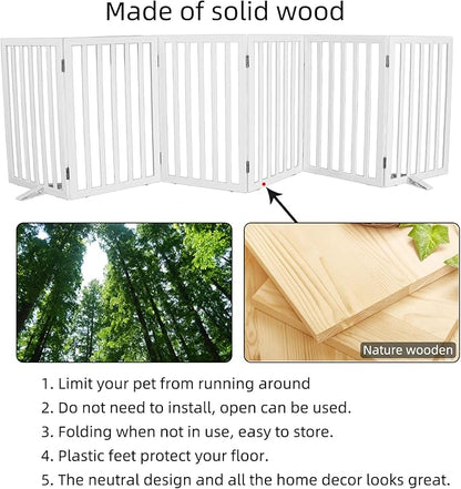 Dog Gate Indoor, Freestanding Dog Fence for The House, Doorways, Hallways,or Stairs,Pet Gate Foldable Wooden,Expandable 32" Height 6 Panels,White