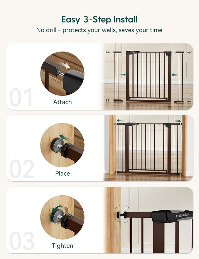 Babelio Metal Baby Gate, 29-48" Auto Close Easy Install Pet Gate, Extra Wide Walk Thru Child Safety Gate, Pressure Mounted Dog Gate for Doorways and Stairs, with Y Spindle Rods, Brown