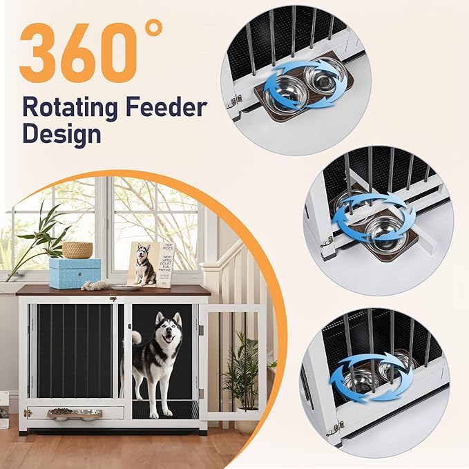 39.4" Dog Crate - Wooden Dog Cage Furniture with Removable Tray & 360° Rotating Feeder | Indoor Sturdy End Table for Medium & Large Dogs | Easy Assembly, White Dog Kennel for Living Room