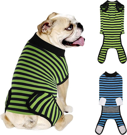 2 Packs Breathable Cotton Dog Recovery Suit for After Neuter Spay Abdominal Wounds Protector, Professional Anti-Licking Onesies for Male Female Pets Surgery Bandages, L Blue & Green Stripes