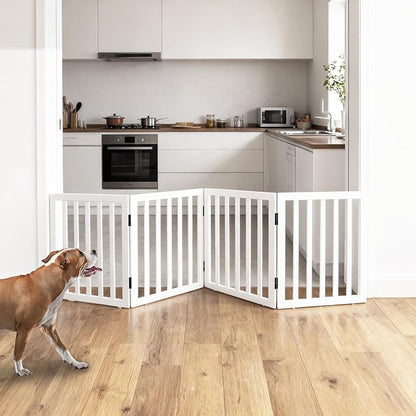 ZJSF Freestanding Indoor Dog Gate for House Foldable Wood White Puppy Gate for Doorways Pet Gate for Stairs Extra Wide Pet Fence 24" Height 4 Panels