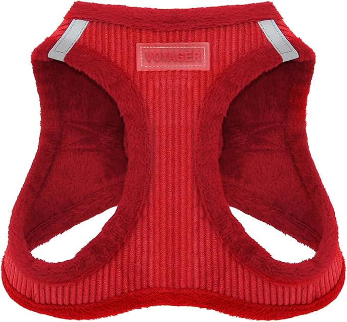 Best Pet Supplies - All Weather Plush, Reflective, No Pull Harness for Small, Medium Dogs, Cats - Secure with Hook & Loop Fastener, Buckle, Double D-Rings - Harness (Red Corduroy), S