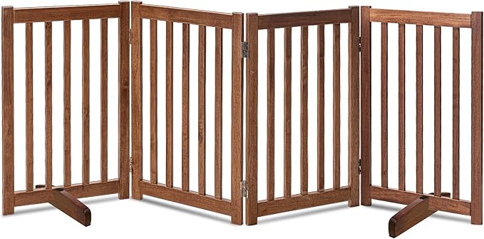 LZRS Freestanding Extra Wide Dog Gate 30 inch Tall - 4 Panels Solid Wooden Pet Gate for Doorways, Stairs, Hallways,Kitchens& Long Areas, Expandable & Foldable with Support Feet,Indoor Use,Oak