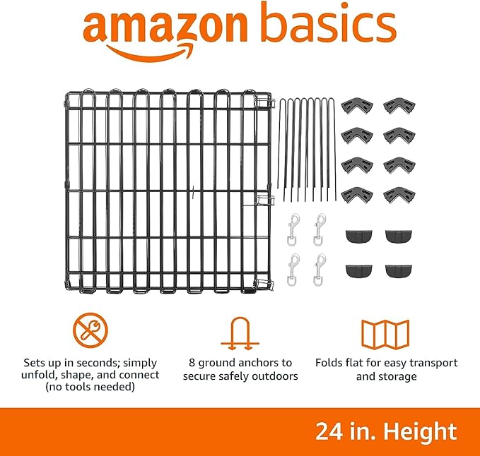 Amazon Basics Foldable Octagonal Metal Exercise Dog Playpen, Indoor/Outdoor Pet Fence, No Door, 8 Panels, Extra Small, 24 x 24 Inches, Black