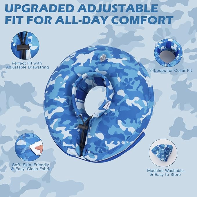 IEUUMLER Inflatable Recovery Dog Cone Collar, Neck Donut Protective ECollar, Adjustable Soft Collar for Dog and Cat After Surgery Prevent from Biting & Licking EU020 Blue Camo M+