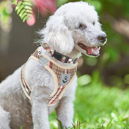 PUPTECK Adjustable Dog Harness Collar and Leash Set Step in No Pull Pet Harness for Small Medium Dogs Puppy and Cats Outdoor Walking Running, Soft Mesh Padded Reflective Vest Harnesses, Khaki L