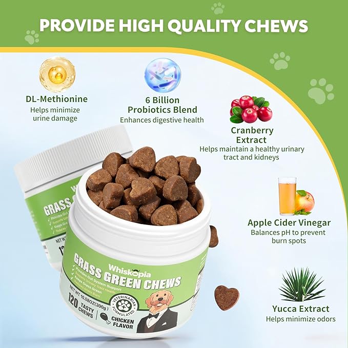 Grass Burn Spot Chews for Dogs, Dog Pee Lawn Spot Saver Caused by Dog Urine, Green Grass Chews with Gut Health Probiotics, DL-Methionine and Cranberry, Urine Neutralizer for Lawn - 120 Ct