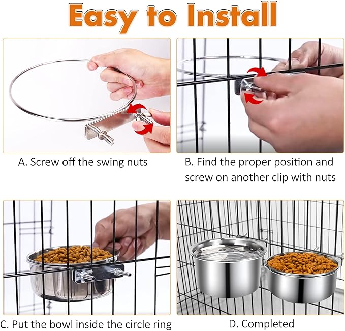 Dog Crate Water Bowl, 2 pcs Stainless Steel Large Dog Bowls 40oz & 60oz, Durable Anti-Spill Pet Metal Bowls for Cage Kennel Crate, Hanging Water/Food Bowl for Medium & Large Dogs