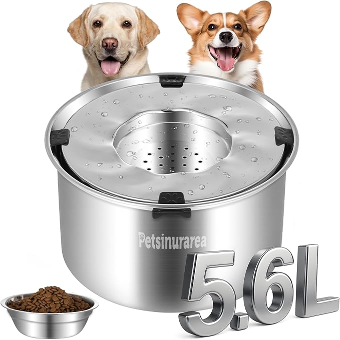 Set of 2 Dog Water Bowl Stainless Steel 5.6L/190oz No Spill Water Bowls 1.5 Gal Large Capacity No Splash Slobber Stopper Slow Drinking Spill Proof Bowls for Messy Drinkers, Including Pet Food Bowl