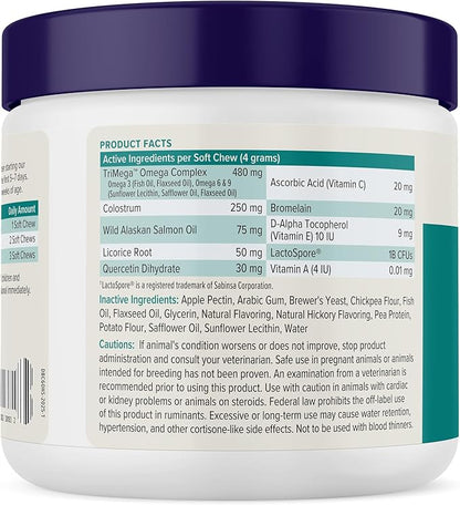 Vetnique DermaBliss Dog Allergy Chews for Seasonal Allergy Itch Relief, Skin & Gut Health with Probiotics and Omega 3 Blend - Advanced or Regular Strength (60ct, Regular Strength Chews)