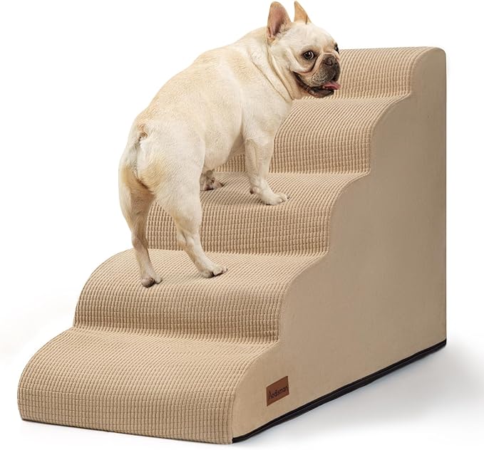 Aodisman 5-Step Dog Stairs and Ramp for High Bed, Non-Slip Sturdy Pet Steps for Small Dogs and Cats,22.2" H,Khaki