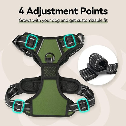 PHOEPET No Pull Dog Harness with Handle Front & Back Clip, Easy on Lockable Snap Buckle at Neck, Adjustable Reflective Vest with Handle for Small Medium Large Dogs (XL, Misty Green)