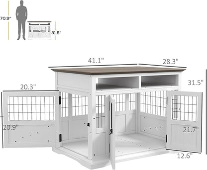 PawHut Dog Crate Furniture Side End Table with Storage, 41" Modern Wooden Dog Kennel Furniture with Double Doors for Small and Medium Dogs, White