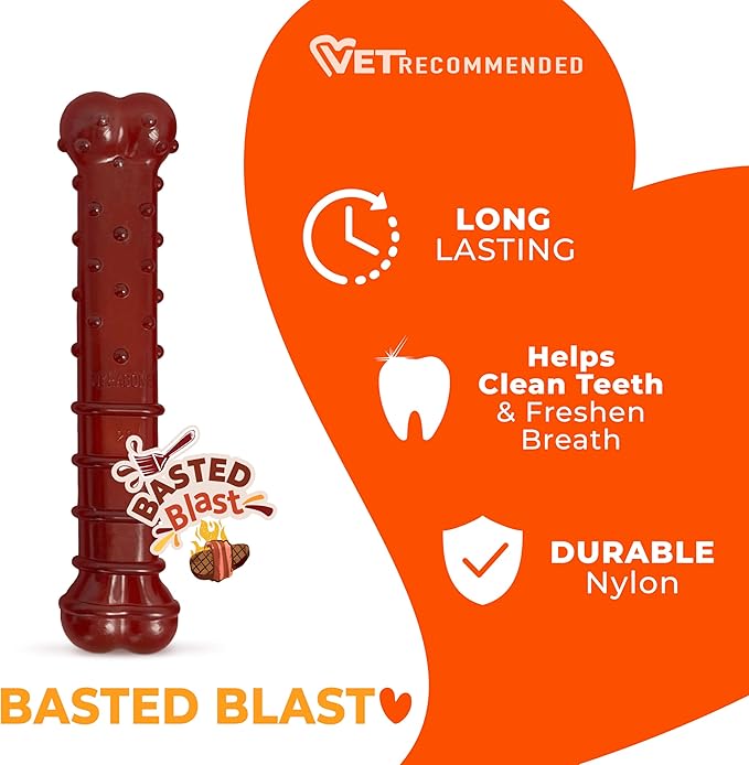 Nylabone Textured Bone Power Chew Toy for Dogs, Durable & Tough Dog Toys for Aggressive Chewers, Basted Blast Bacon and Steak Flavor, Large Dogs - Up to 50 lbs, 1 Count