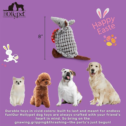 Hollypet Plush Dog Squeaky Toy Stuffed Armadillo Animal Pet Puppy Chew Toys with Clean Teeth for Small Medium Large All Breed Sizes Dogs, Gray, 8 in, Red Eggs with White Dots