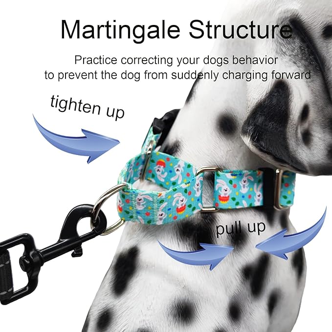 Easter Martingale Collar for Dogs with Buckle Bunny Dog Collar Adjustable Soft Nylon Girl Dog Collars for Medium Dogs, Green Rabbit