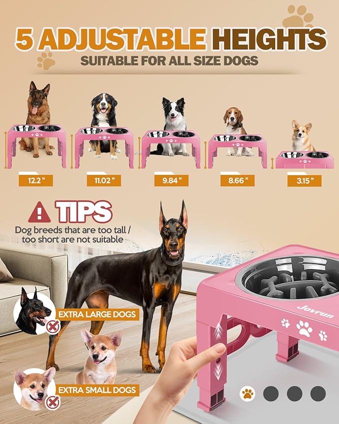 Jovrun Elevated Dog Bowls for Medium Size Dogs with Mat, Non-Slip Dog Feeder with 1*Stainless Steel Dishes & 1*Slow Feeder Bowl, 5 Heights Adjustable Raised Bowls for 3.15″-8.66″-9.84″-11.02″-12.2″