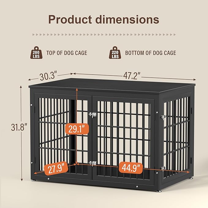 rehomerance 48 Inch Heavy Duty Dog Crate Furniture for Large Dogs, Decorative Pet House End Table, Extra Large Wooden Cage Kennel Furniture Indoor, Black