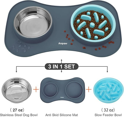 Anipaw Slow Feeder Dog Bowls 3 in 1 Stainless Steel Dog Food and Water Bowls with Non-Spill and Non-Skid Silicone Mat to Slow Down Eating for Large Medium Small Breed Size Dogs and Cats (Light Grey)