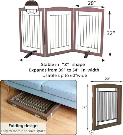 ZJSF Freestanding Dog Fence Indoor, Foldable Dog Gate for Doorways, Stairs or Hallways, Sturdy Wood Extra Wide Pet Gate with Support Feet for The House, Brown, 32 "Height-3 Panels