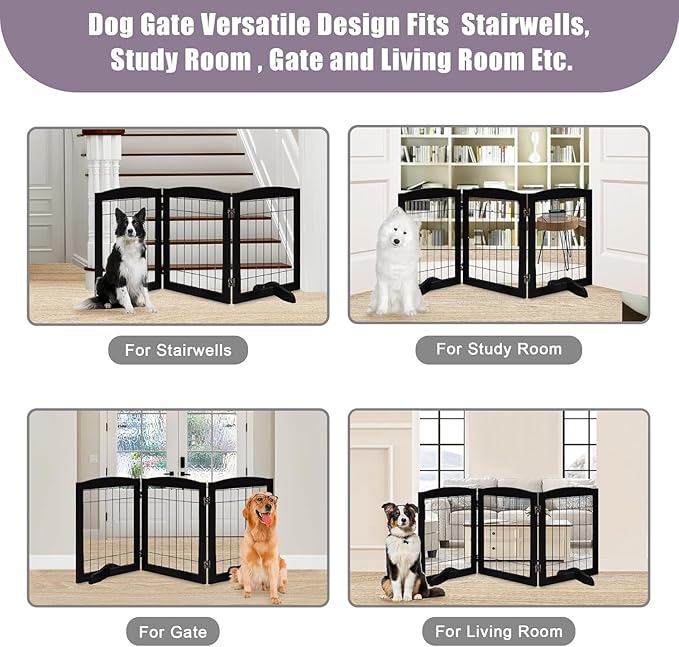 LZRS 3-Panel Freestanding Wooden Dog Gate—30" Tall Foldable Pet Barrier with Support Feet, Chew-Resistant Solid Hardwood & Steel Wire Safety Fence for Doorways, Hallways, and Stairs, Black