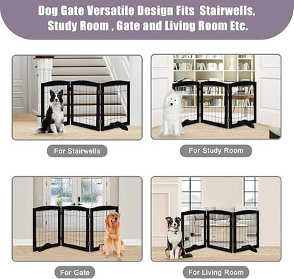 LZRS 3-Panel Freestanding Wooden Dog Gate—30" Tall Foldable Pet Barrier with Support Feet, Chew-Resistant Solid Hardwood & Steel Wire Safety Fence for Doorways, Hallways, and Stairs, Black