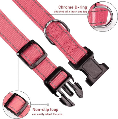 Reflective Dog Collar with Buckle Adjustable Safety Nylon Collars for Small Medium Large Dogs, Light Pink S