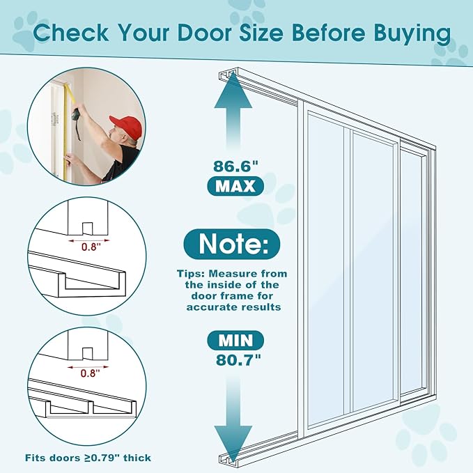MOPHOTO Dog Door for Sliding Glass Door, Adjustable Height 80.7"-86.6" Glass Pet Door, No-Drill Insert Installation, Rental-Friendly Sliding Pet Door with Security Lock & Weather Stripping, White