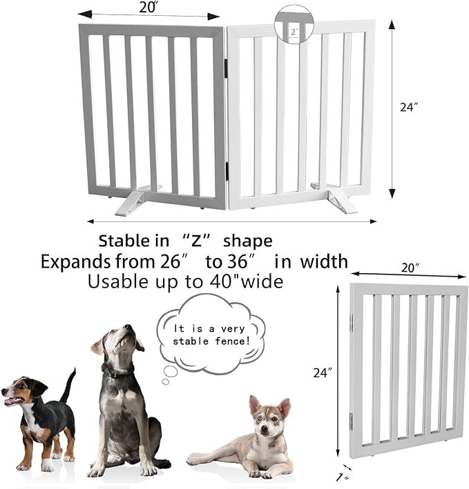 Dog Gate Indoor, Freestanding Dog Fence for The House, Doorways, Hallways,or Stairs,Pet Gate Foldable Wooden,Expandable 24" Height 2 Panels,White