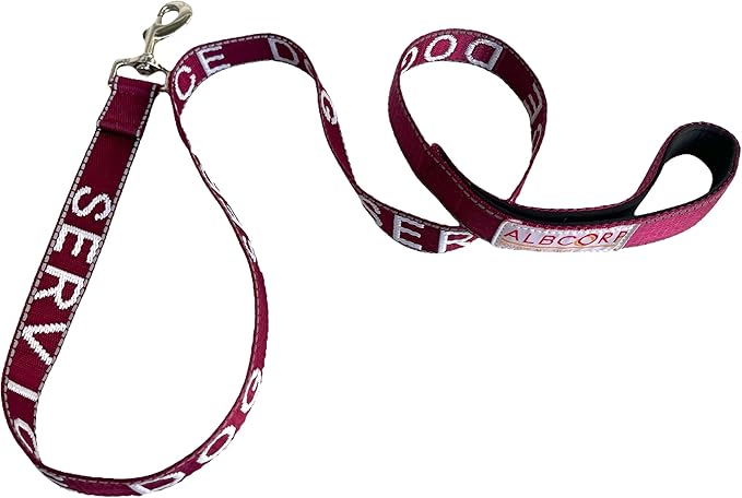Albcorp Service Dog Leash - Embroidered- with Padded Neoprene Handle and Reflective Threads, 4 Feet, for Harnesses, Vests or Collars, Maroon