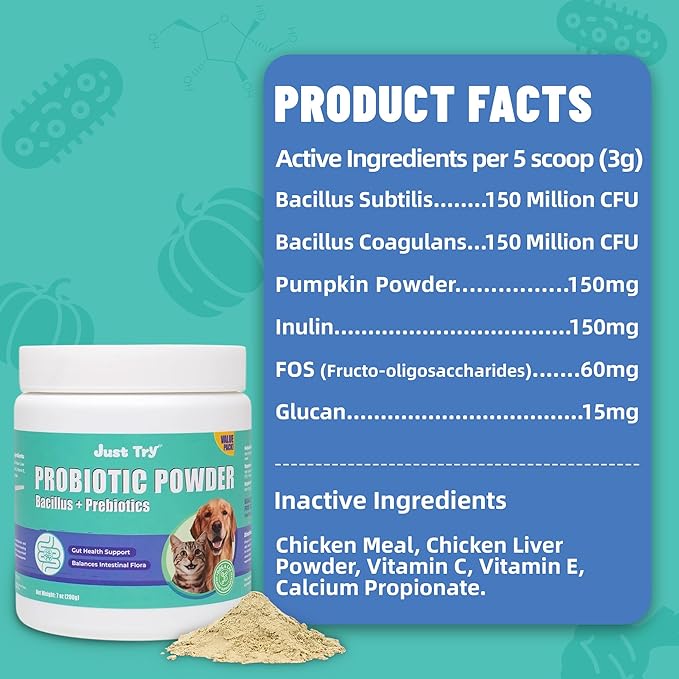 Just Try 7oz Probiotic Powder Probiotics for Cat Probiotic - Gut Health for Cat Constipation Relief Chicken Flavored - Supplements Cat Supplies 200g