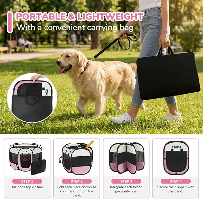 Dog Cat Playpen, Portable Puppy Pet Crate Indoor for Small Dogs Cats Rabbits, Foldable Dog Cage Enclosure for Outdoor, Pop Up Dogs Tent Kennel with Carrying Case, Pink