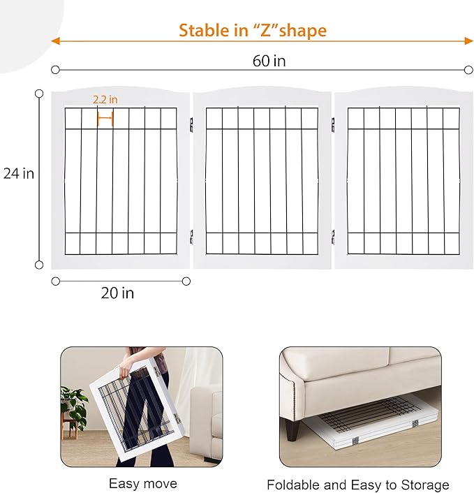 LZRS 3-Panel Freestanding Foldable Wooden Dog Gate –Solid Wood & Steel Wire Chew-Resistant Indoor Safety Pet Fence for Doorways & Stairs, Ideal for Small to Medium Dogs & Puppies, White
