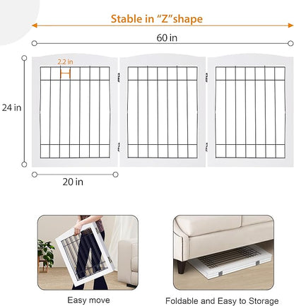 LZRS 3-Panel Freestanding Foldable Wooden Dog Gate –Solid Wood & Steel Wire Chew-Resistant Indoor Safety Pet Fence for Doorways & Stairs, Ideal for Small to Medium Dogs & Puppies, White