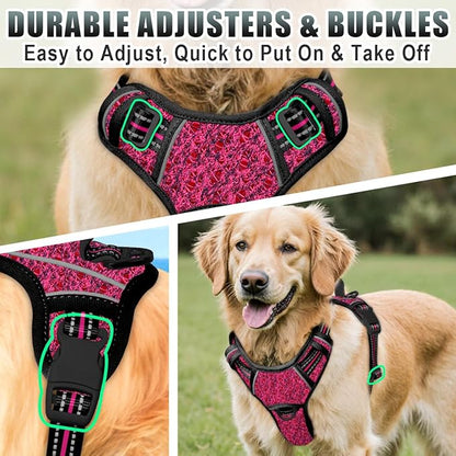 BARKBAY No Pull Dog Harness Large Reflective Dog Harness with Front Clip and Easy Control Handle for Walking Training Running with ID tag Pocket(Pink/Black,XL)