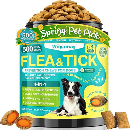 Woyamay 4-IN-1 Flea and Tick Prevention for Dogs, 500 Crunchy Dog Flea Chews, Dog Flea Treatment, Natural Oral Flea Treatment for Dogs, Daily Support for Flea, Skin & Coat, Gut, Immune, Chicken Flavor