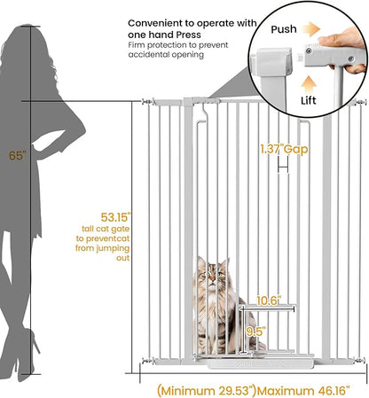 53.15" Extra Tall Cat Gate, 29.53"-40.16" Adjustable Width with Small Cat Door, Auto Close Safety Pet Gate, No Drilling Pressure Mount, White
