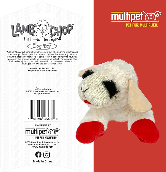 Multipet Lamb Chop Dog Plush Toy - Squeaky Toy for Small & Medium Dogs - Extra Soft Plush - Stuffed Animal for Cuddling & Playing (10", Cream, 5 Squeakers)