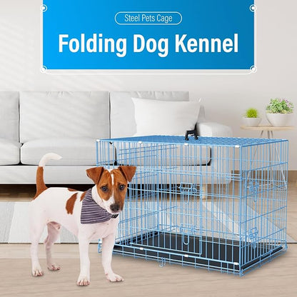 Dog Crates for Small Dogs 30" Folding Mental Wire Crates Dog Kennels Outdoor and Indoor Pet Dog Cage Crate with Double-Door,Divider Panel, Removable Tray,Blue