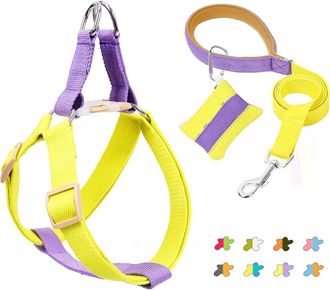 No Pull Dog Harness and Leash Set, Step in Dog Halter Harness with Poop Bag Holder, Adjustable Lightweight Cotton Straps Suitable for Small Medium Large Dogs Outdoor Walking Running Hiking