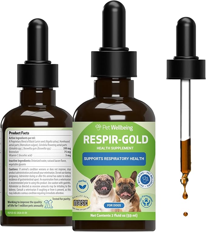 Pet Wellbeing Respir-Gold for Dogs - Lower Respiratory Support, Holistic Lung Health & Deep Breathing with Black Cumin & Horehound - NASC Certified & Vet Formulated - 2 oz Liquid Formula