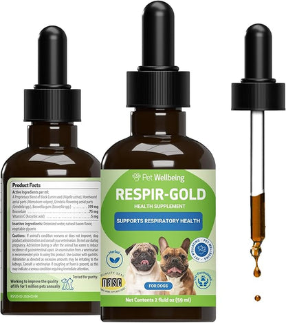 Pet Wellbeing Respir-Gold for Dogs - Lower Respiratory Support, Holistic Lung Health & Deep Breathing with Black Cumin & Horehound - NASC Certified & Vet Formulated - 2 oz Liquid Formula