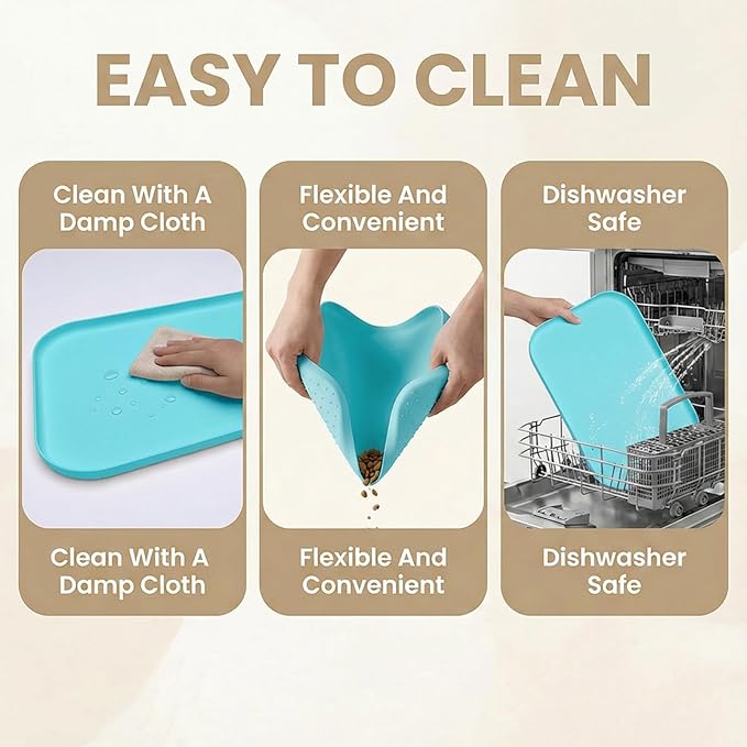 Waterproof Silicone Pet Feeding Mat Blue with Raised Edge,24" x 16"Non-Skid Spill Proof Dog Bowl Mats, Easy Clean Cat Bowls Placemat for Cats and Dogs