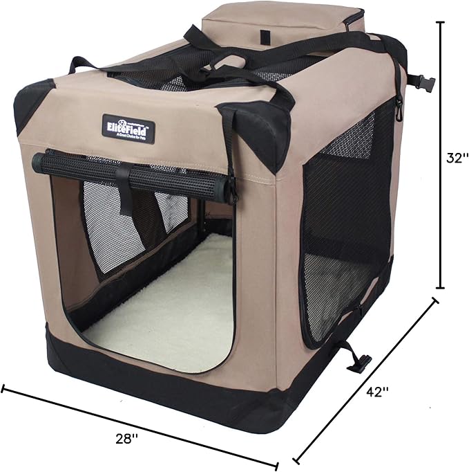 EliteField 3-Door Folding Soft Dog Crate with Carrying Bag and Fleece Bed (2 Year Warranty), Indoor & Outdoor Pet Home (42" L x 28" W x 32" H, Khaki)