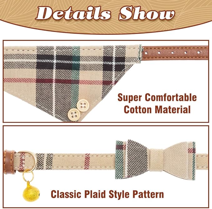 EXPAWLORER Dog Collar and Leash Set - Classic Plaid Dog Bow Tie and Dog Bandana Collar with Bell, Dog Leash Tangle Free, Adjustable Collars for Small Medium Large Dogs Cats, Holiday Ideal Gift