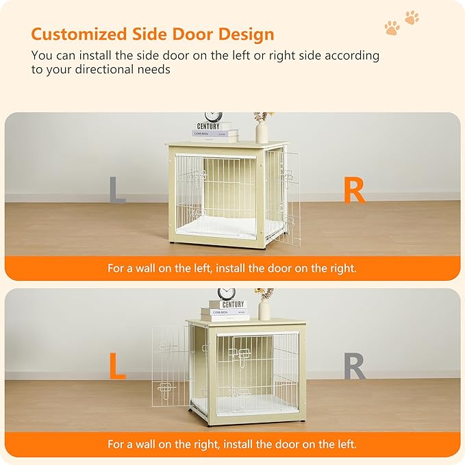 DWANTON Dog Crate Furniture with Cushion, Wooden Kennel Table with Double Doors, Indoor Dog House, Small/Medium/Large Size, 27.2" L, White Oak