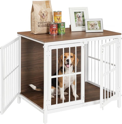 HOOBRO Heavy Duty Dog Crate Furniture, 31.5" Wooden Indoor Kennel with 3 Doors, Chew Resistant Metal Cage for Small and Medium Breeds, Dog Crate Side Table, White and Walnut